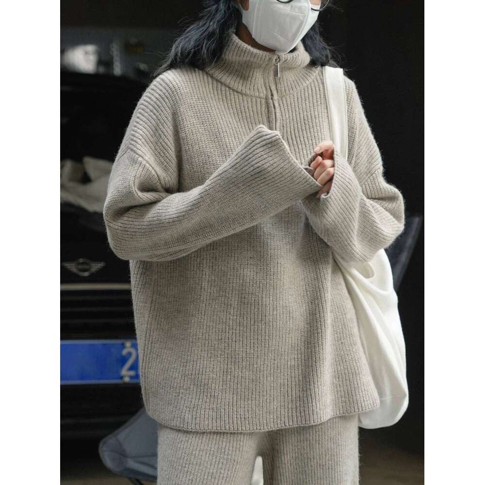 Women's High Neck Long Sleeve Casson Sweater Autumn Winter Casual Solid Color Fashionable Knitwear