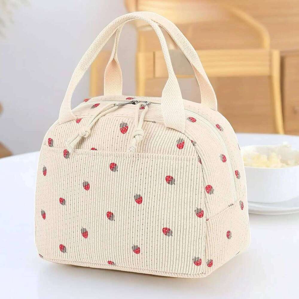 Women Men Cute Corduroy Lunch Tote Large Capacity Cooler Food Thermal Bag For Work Go To School Picnic