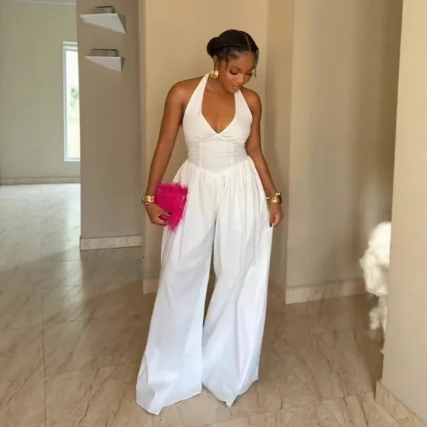 Three Sisters Summer Style Sexy Elegant Backless V-neck Slimming Solid Color Wide Leg Jumpsuit Sexy Outfits Women 250617