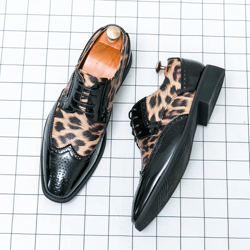 mens lace-up leopard print leather shoes slip-on business casual loafers Hair Stylist Nightclub 47 48 Extra size 250605
