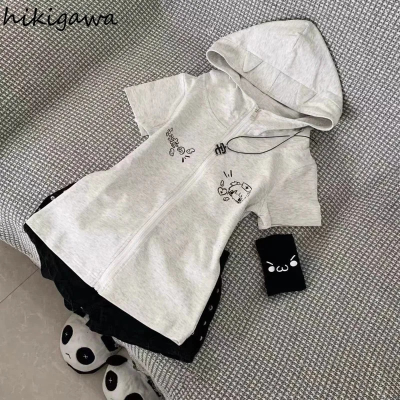 Cat Ears Sweatshirts Women Clothing Slim Fit Short Sleeve Zipper Hoodies Y2k Tops Casual Chic Anime Cute Hoodie Coat Ropa Mujer 250612