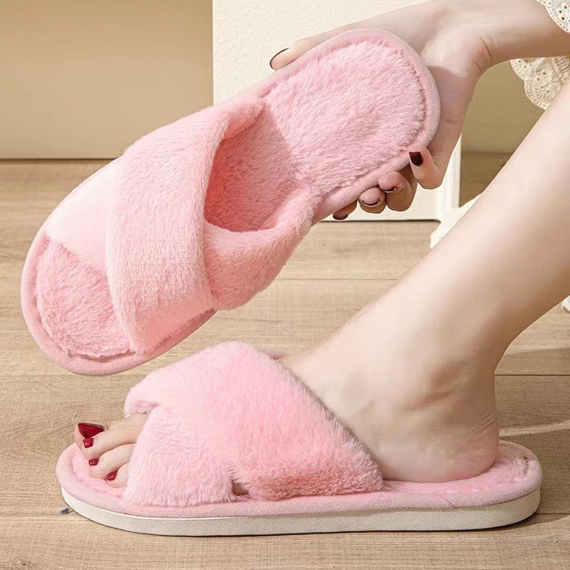 New solid color fur cross strap anti slip shoes for home women's cotton slippers, fashionable women's sandals, designer sandals