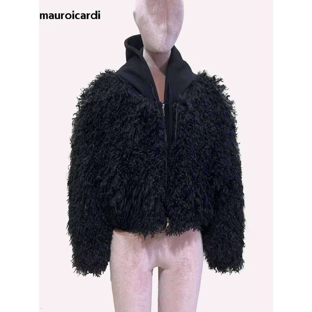 Mauroicardi Spring Winter Short Oversized Black Fuzzy Thick Warm Faux Fur Coat Women Fluffy Jacket Furry Hoodie Streetwear 2025