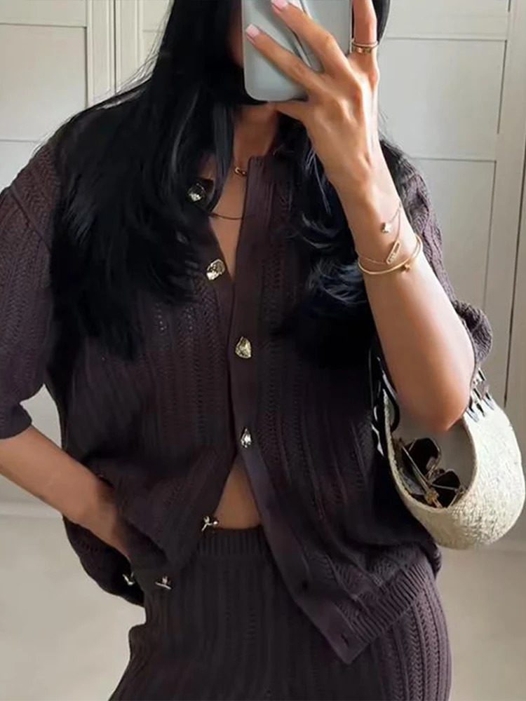 Vintage Knitted Loose Pants Set Women Brown Half Sleeve Lapel Single Breasted Cardigan Straight Trousers 2025 Fashion Solid Suit 250616