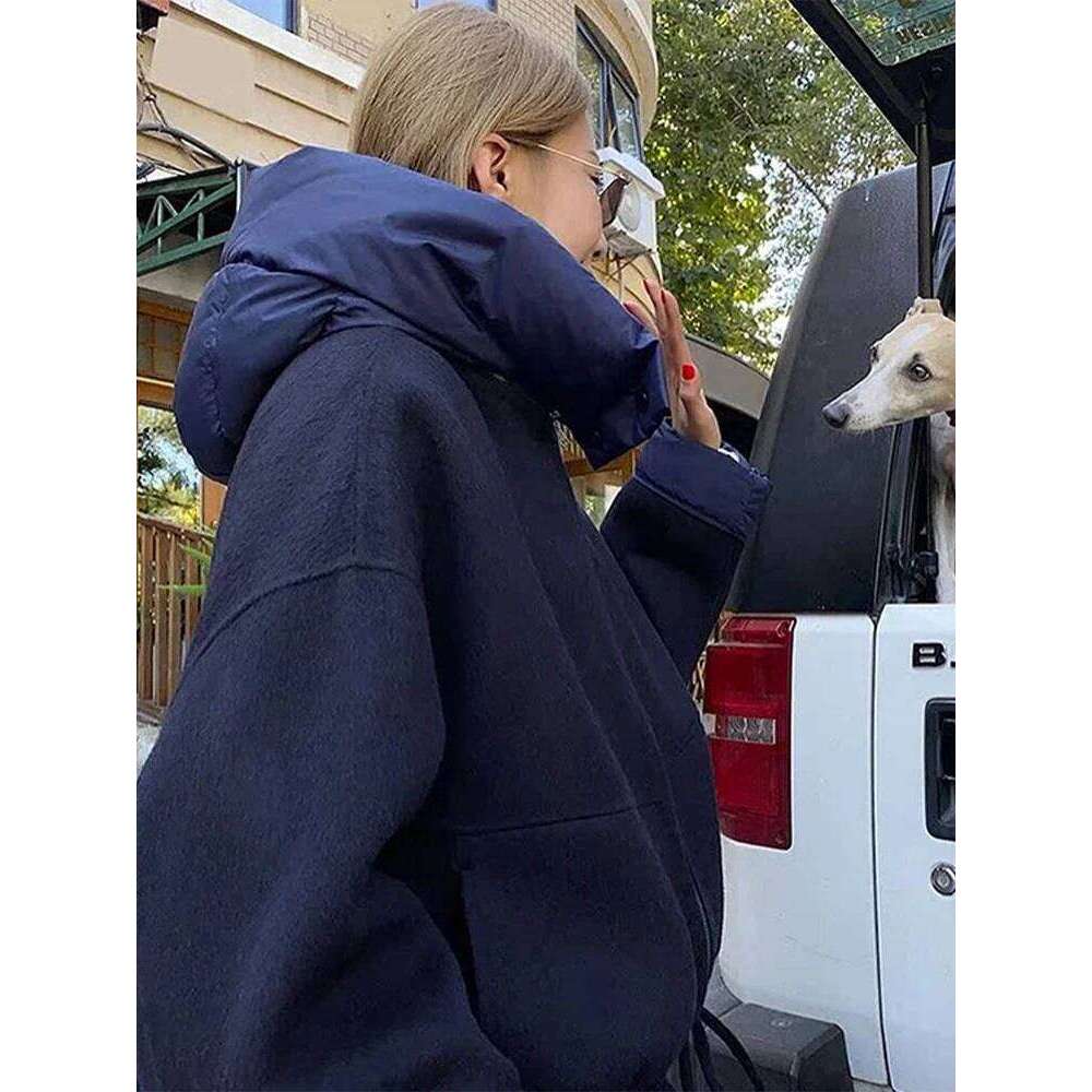 Oversize Hat Woolen Contrast Color Coat Women Zipper Casual Thicken Warm Long Sleeve Jacket 2024 Winter Pocket Street Outwear
