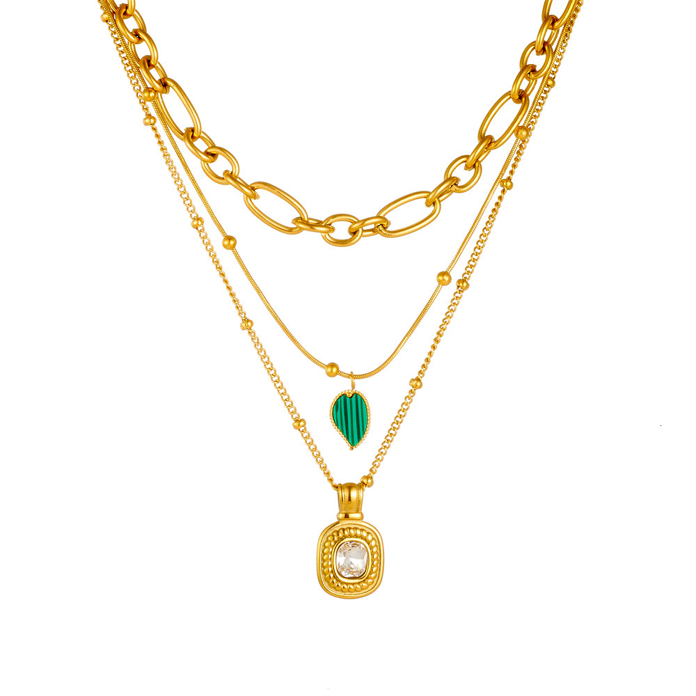 Light Fashion Multi-layer Inlaid Leaf Stacking Necklace for Women Titanium Steel Design Non-fading Jewelry