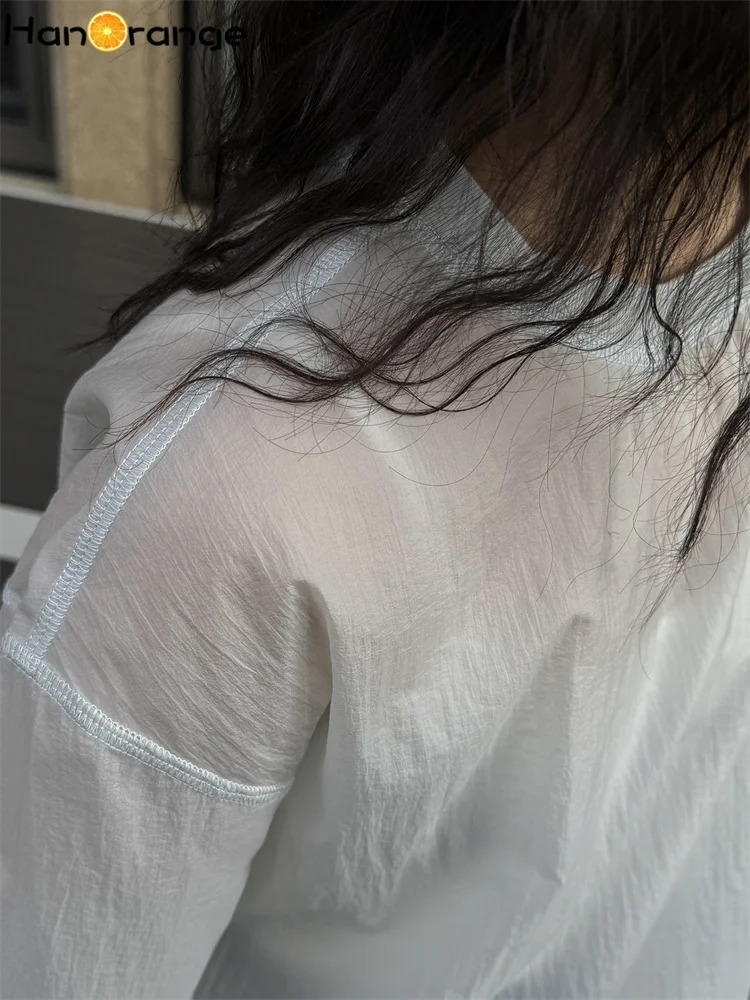 HanOrange Summer Minimalist Misty Sunscreen Nylon Sweatshirt Women Lightweight Flexible Stacked Top Sky BlueMint Green 250612