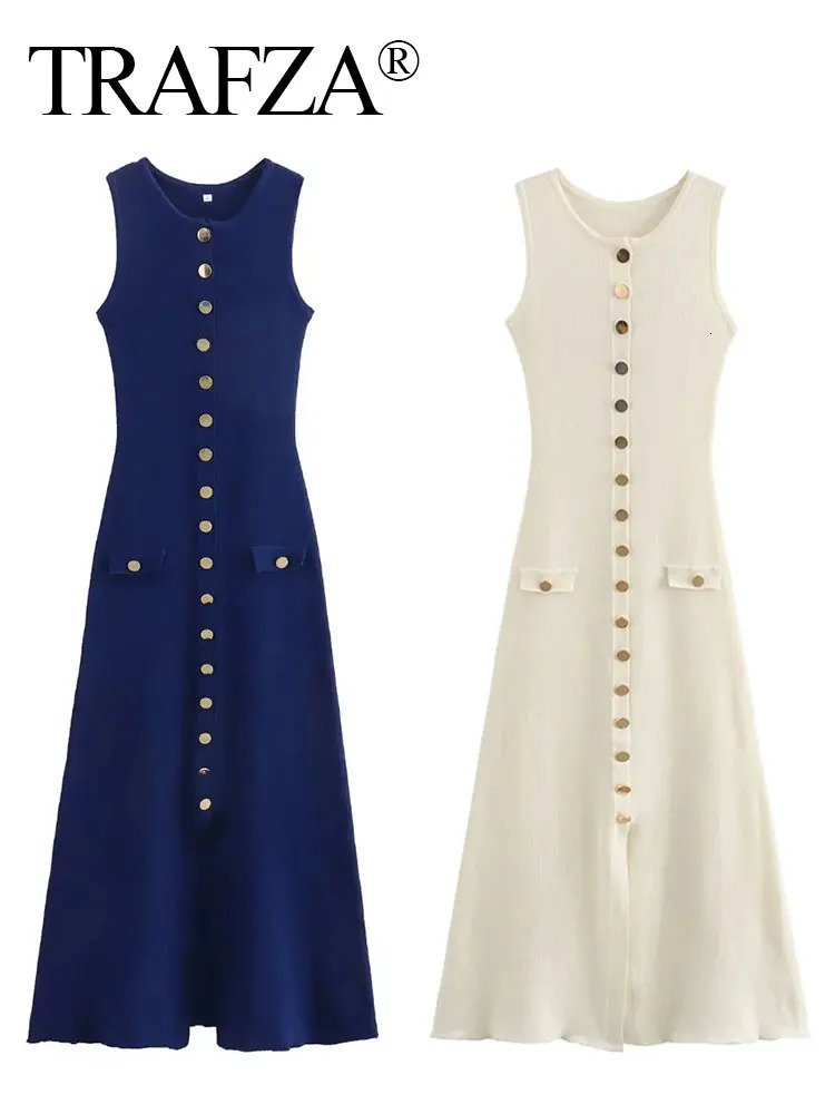 TRAFZA Women Elegant Solid Knitted Dress Single Breasted O Neck Sleeveless Dresses With Pockets Slim Midi Dress Office Lady 250614