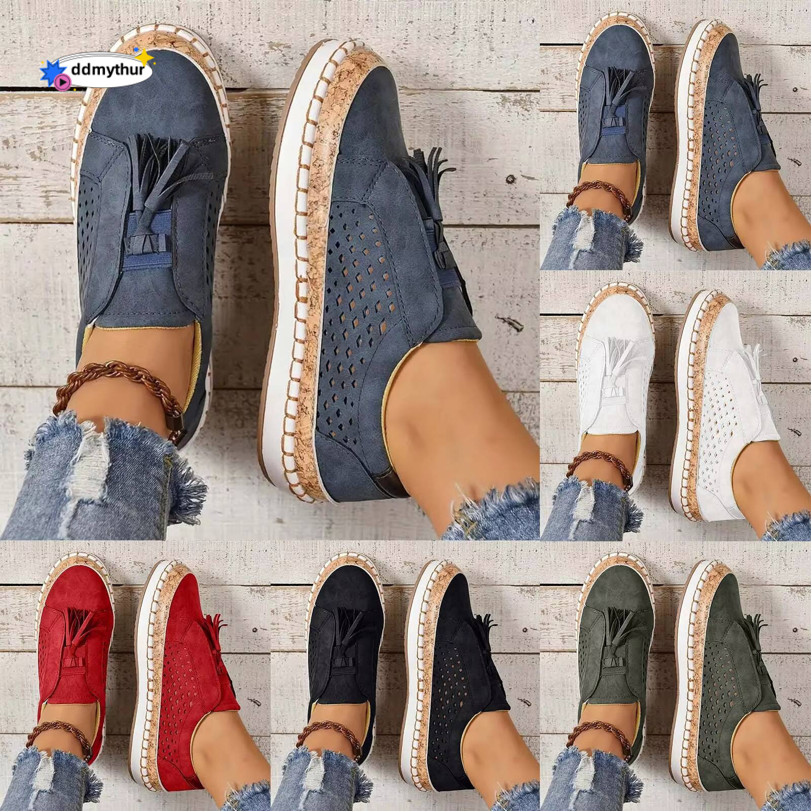 Sports Women'S Fashion Fringe Hollow Out Round Toe Flat Slip On Shoes Sneakers For Women Clearance ddmythur