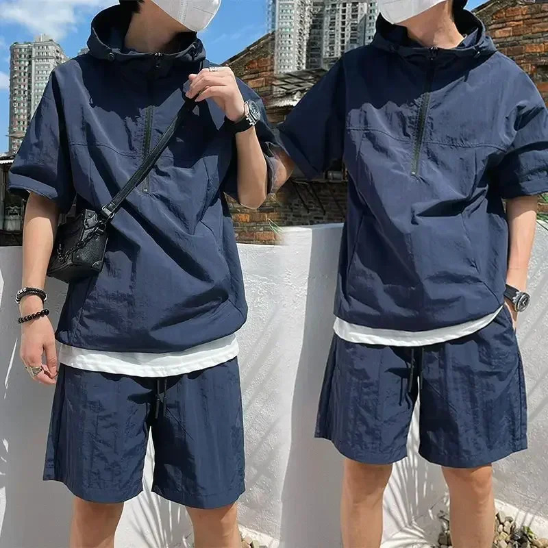 Summer Cargo Style Set Mens Casual Hooded Solid Short Sleeve T-shirt Shorts Loose Fashion High Quality Handsome Sweatshirt Suit 250616