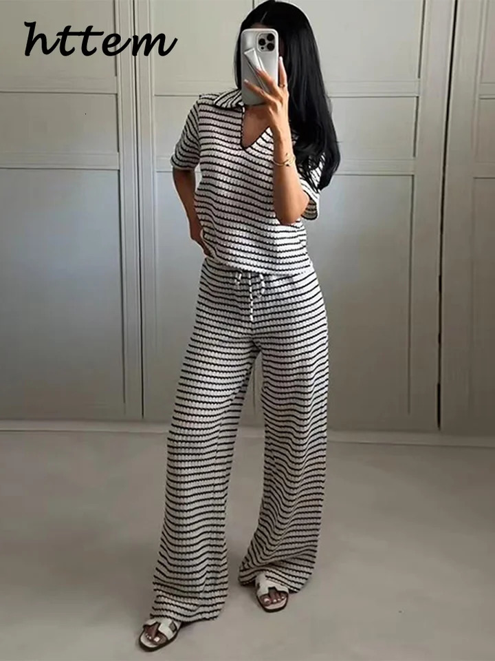 Casual Womens Knit Striped Pullover Pants Set Loose Polo Collar Short Sleeve T-shirt Drawstring Wide Leg Pant 2025 Lady Outfit 250616