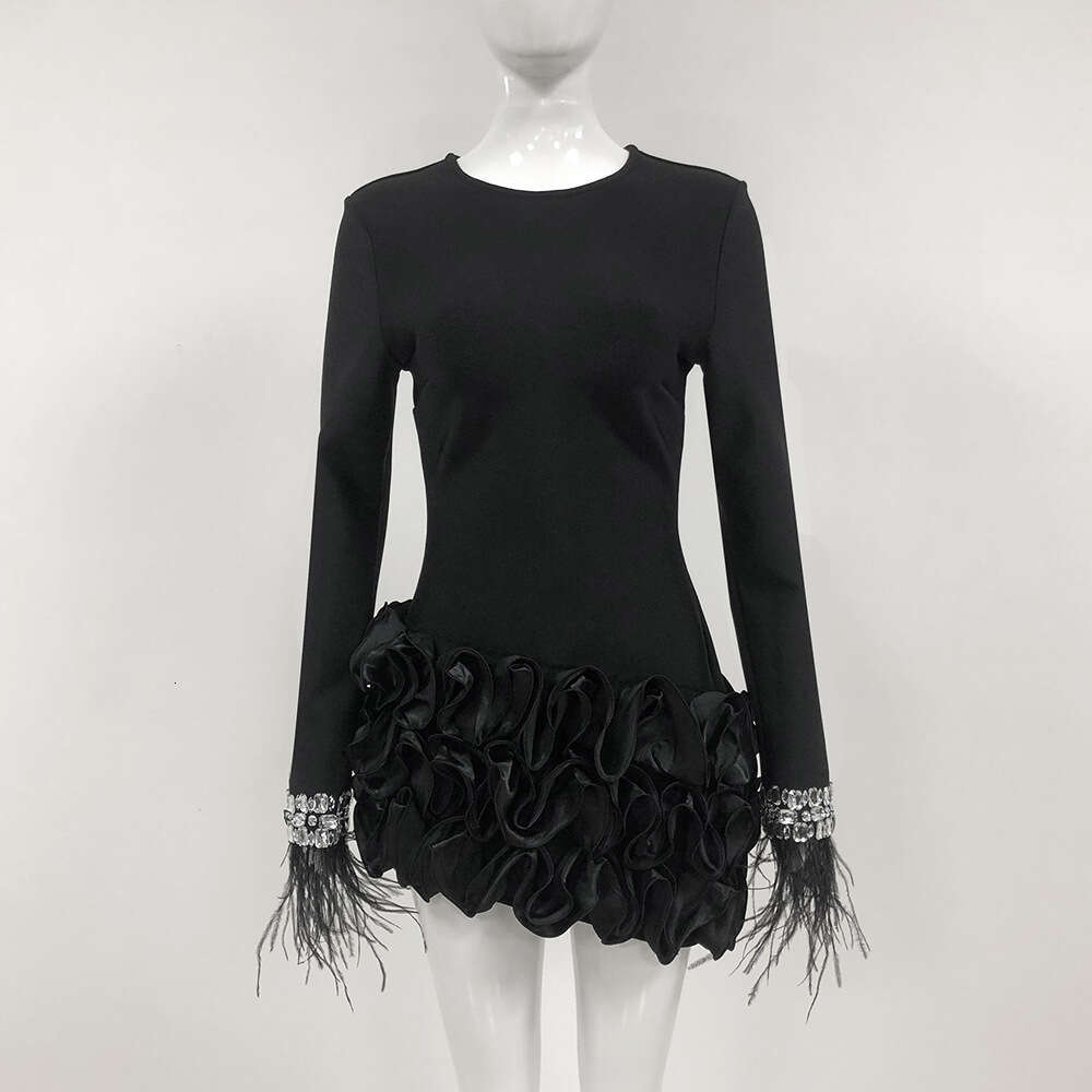 Autumn Winter New French Hepburn Style Layered Ruffle Irregular Long Sleeve Black Bandage Dress