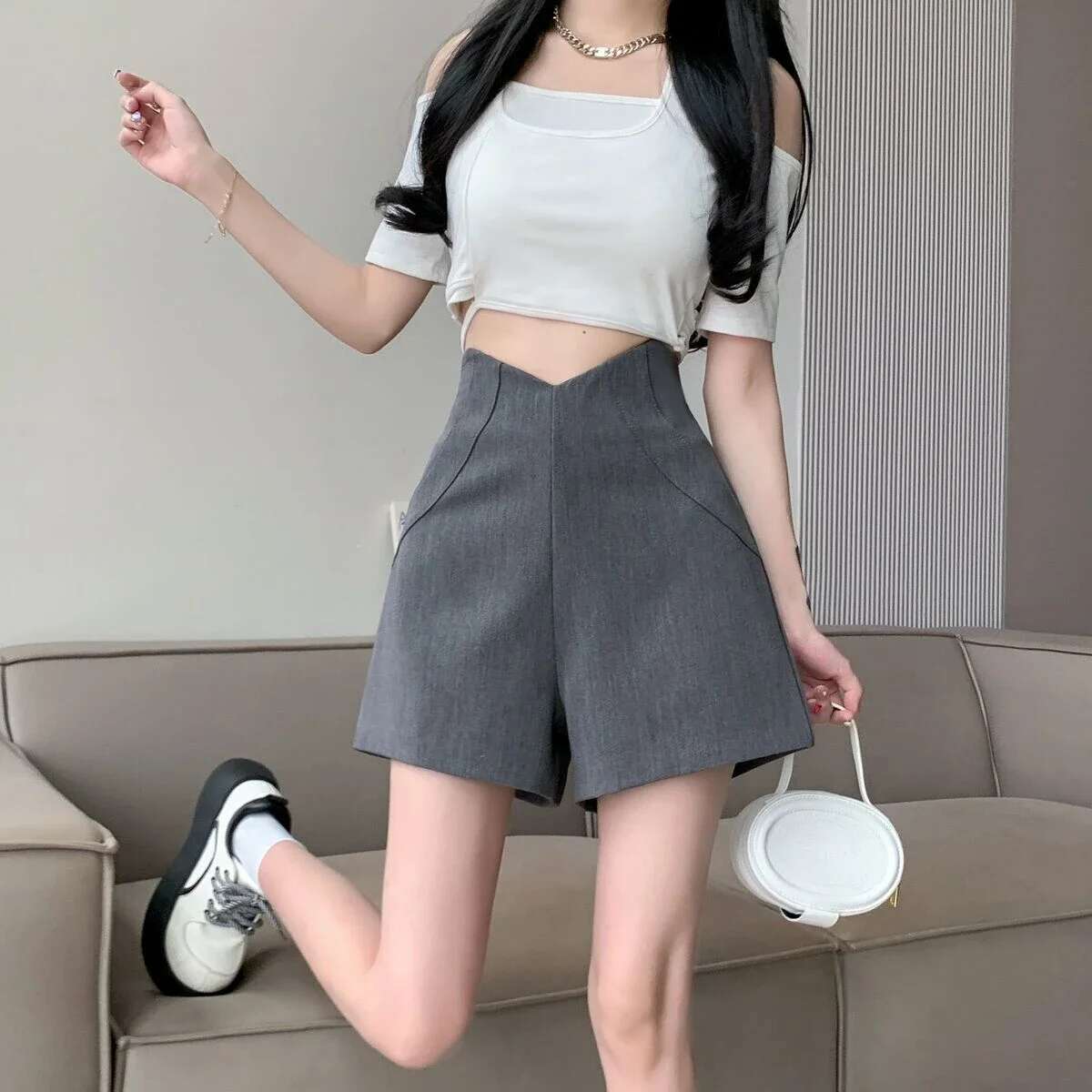 Shorts for Women Wide Solid Color High Waist Gray Irregular Hot Summer To Wear Harajuku Fashion Flowy Normal Woman Short Pants