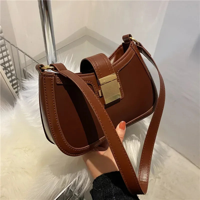 Women Vintage Handbag Brown PU Leather Gold Buckle Trendy Underarm Shoulder Bag Solid Color Handbag Women Simple Tote Bag 250614
