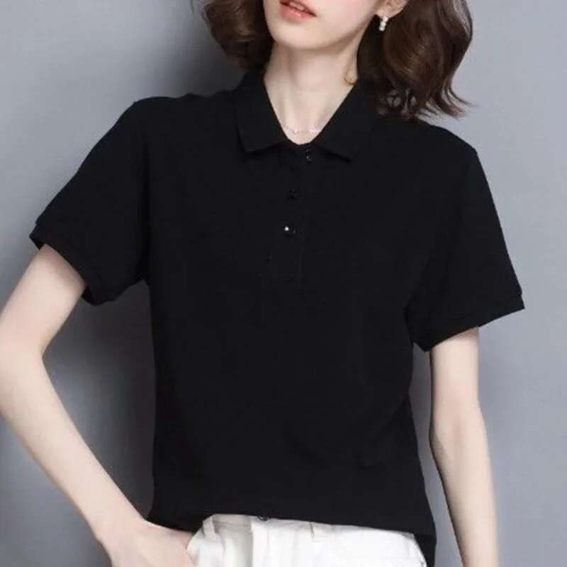 Woman T Shirt Slim White Button Polo Neck Women Cotton Plain Clothing Trend 2025 in On Offer Fashion Youth Y2k Korean Style