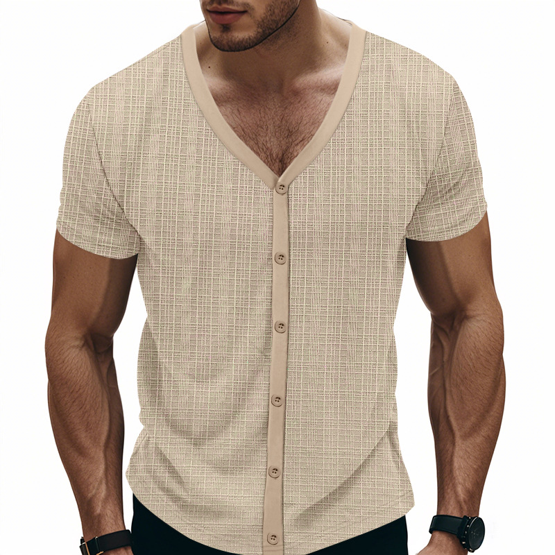 Men's T-shirt sports top summer faux linen bamboo and cotton short-sleeved loose casual button carouselEuropean code: S-3XL