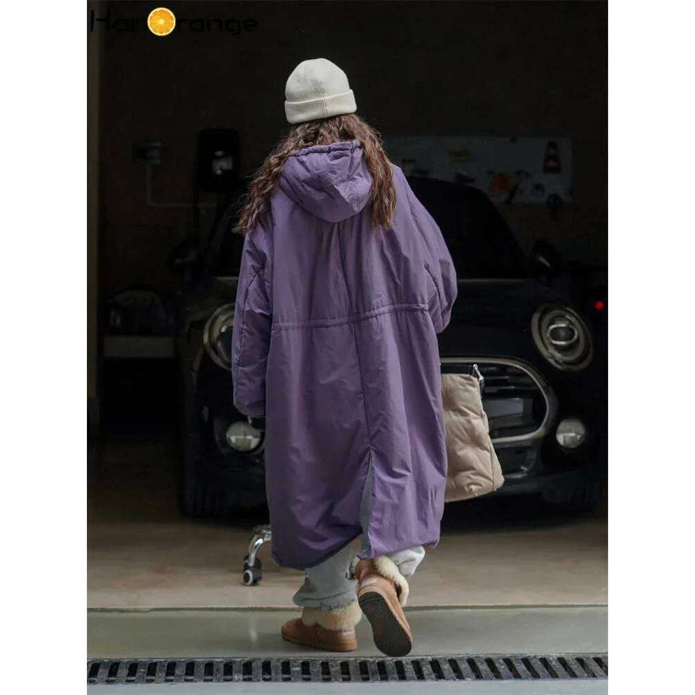 HanOrange 2024 Winter Casual Lazy Hooded Cotton-Padded Women Parkas Loose Fit Warm Zipper Long Coat Purple/Black