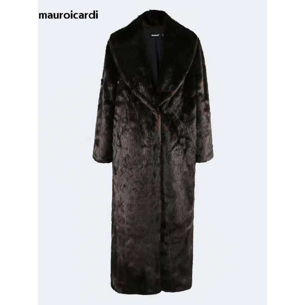 Mauroicardi Winter Extra Long Thick Warm Brown Fluffy Faux Mink Fur Coat Women Shawl Collar Elegant Vintage Overcoat 2025