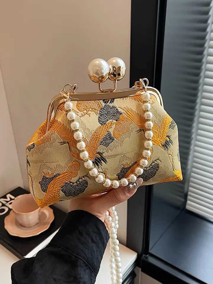 Fashionable And Clip-On Chinese Evening Bag With Contrasting Flower Print Simple Pearl Chain Elegant Crossbody Bag Z250617