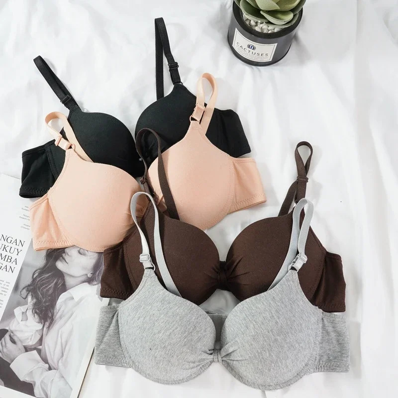 2 PCS Women Cotton Gathered Bra Fashion Sexy Simple Deep V Push Up Bra Back Button Brassiere Lingerie Bralette 250617