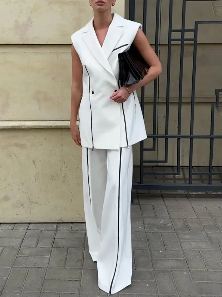 Gymystars Summer Suit Set for Women White Pants Sets Casual Contrast Color Zipper Trousers Sleeveless Shoulder Pad Vest Blazer 250612