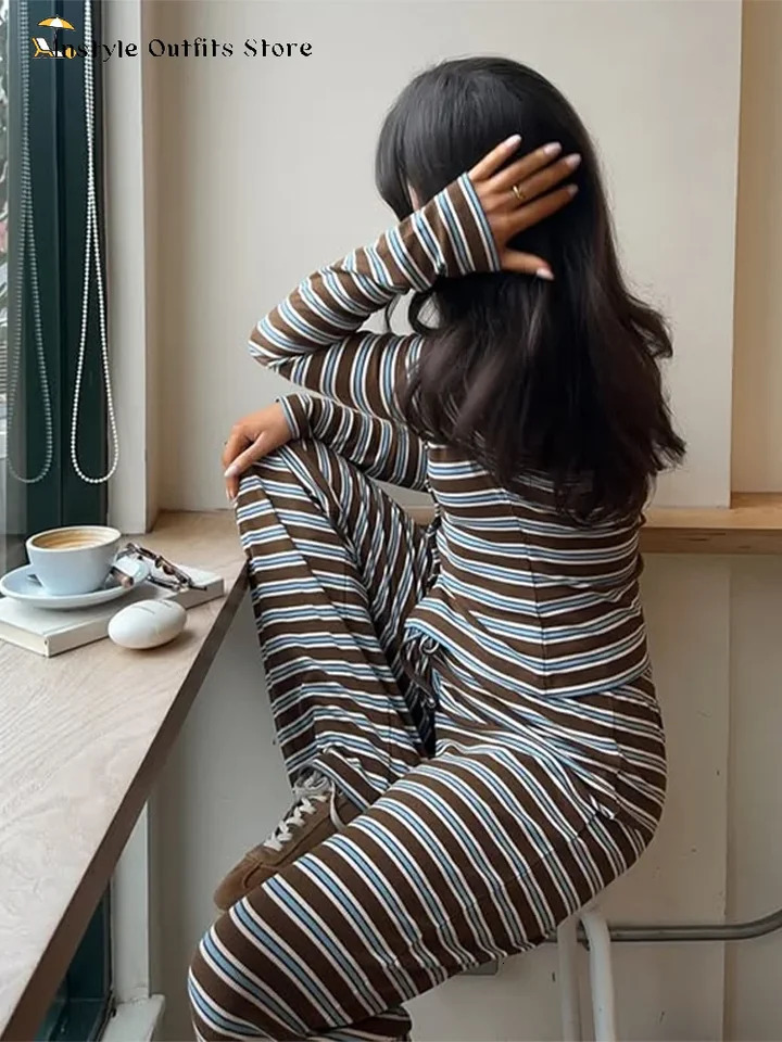 Casual Stripe Pants Suit Women Loose O-neck Buttons Coat Full Sleeves Drawstring Straight Trousers Sets Female Spring Set Lady 250616
