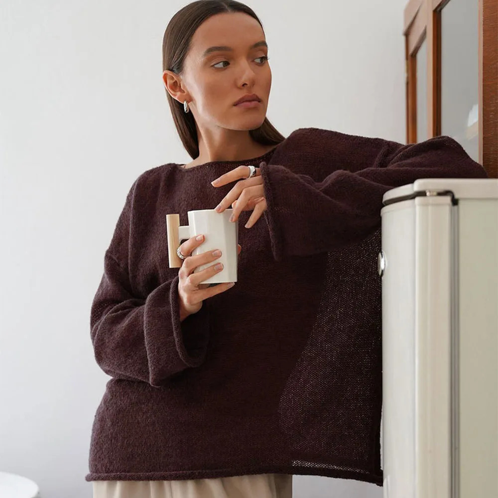 Talenza Hollow Knitted Sweater Pullover Womens Solid See-through O-Neck Long Sleeve Knitted T-Shirt Loose Casual Pullover 2025 250616