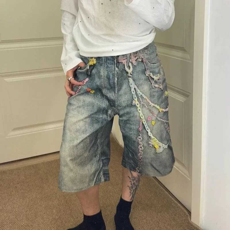3D Candy Chain Print Baggy Jeans Shorts for Men Streetwear Summer Wide Leg Patchwork Casual Loose Knee Length Pants Oversized Z250617