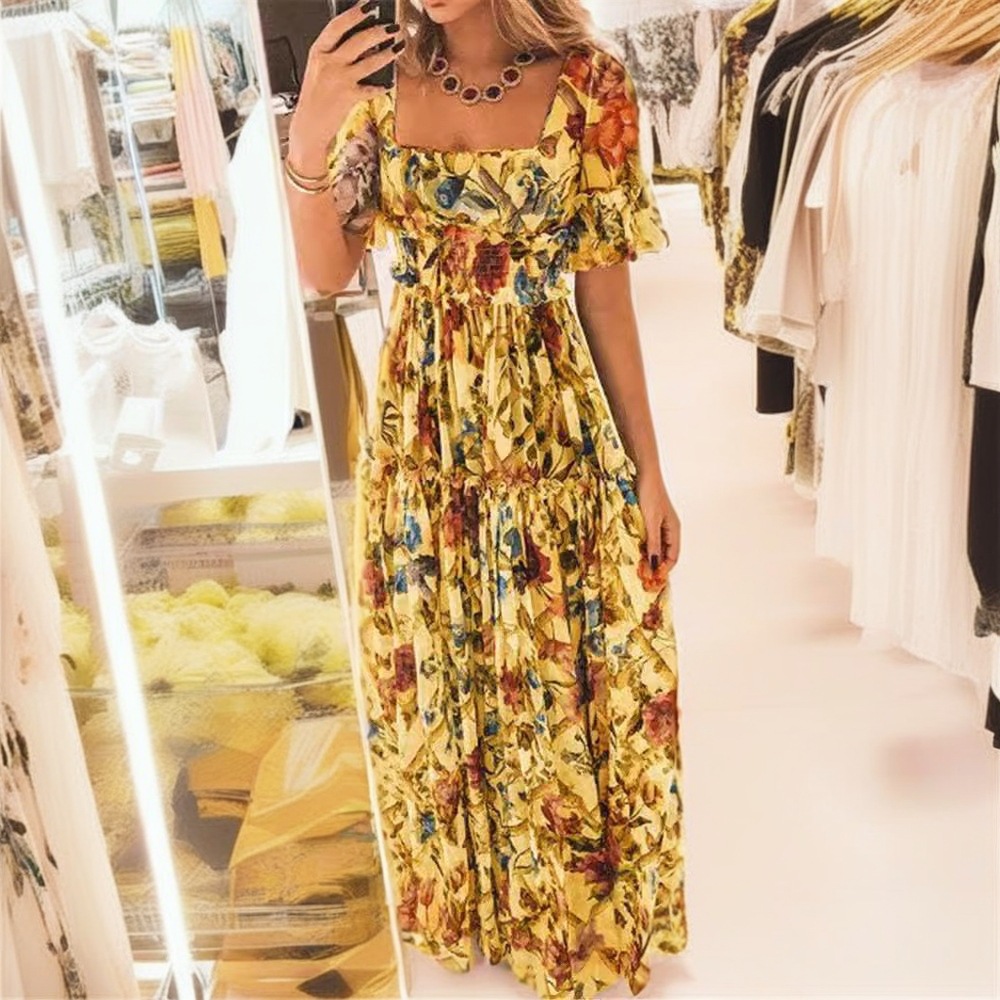 V616European and American high waist dress with square neck and printed lotus sleeves, Bohemian style, slim waist and flower fairy dress