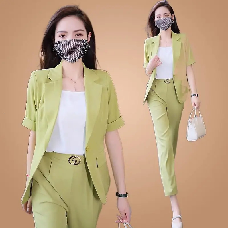 Womens Summer Fashion Short Sleeved Suit Pants Two Piece Korean Elegant Thin Casual Blazers Jacket Trousers Matching Set 250612