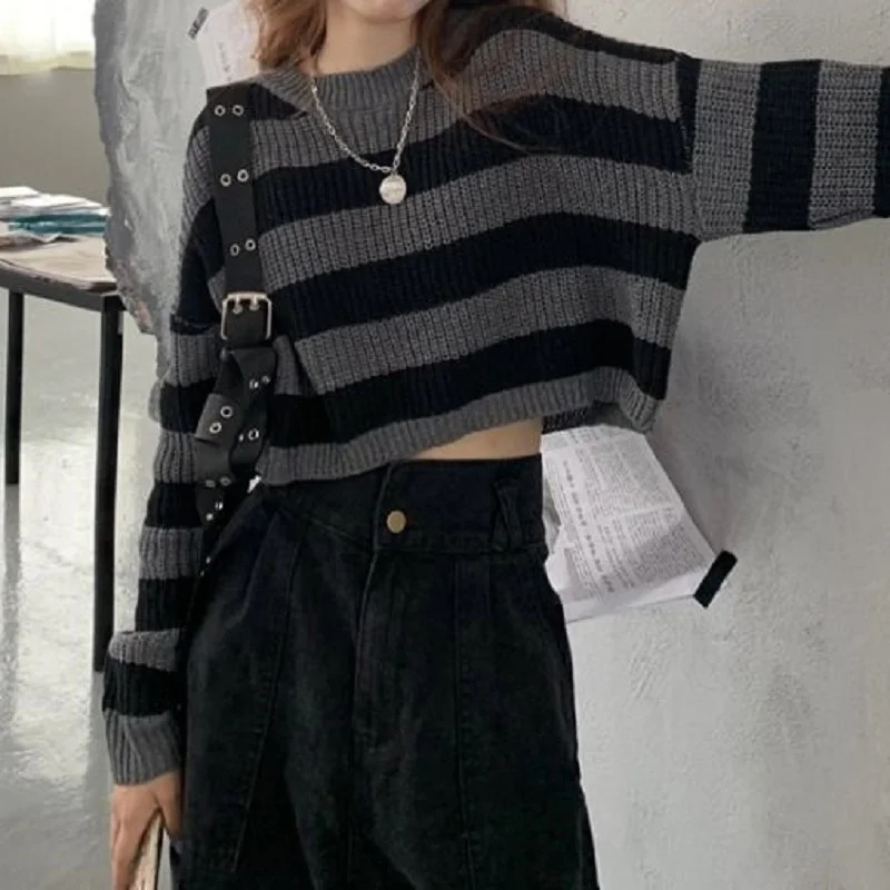 Korean Style Striped Cropped Sweater Women Vintage Oversize Knit Jumper Female Autumn Long Sleeve O-neck Pullovers Tops 250614
