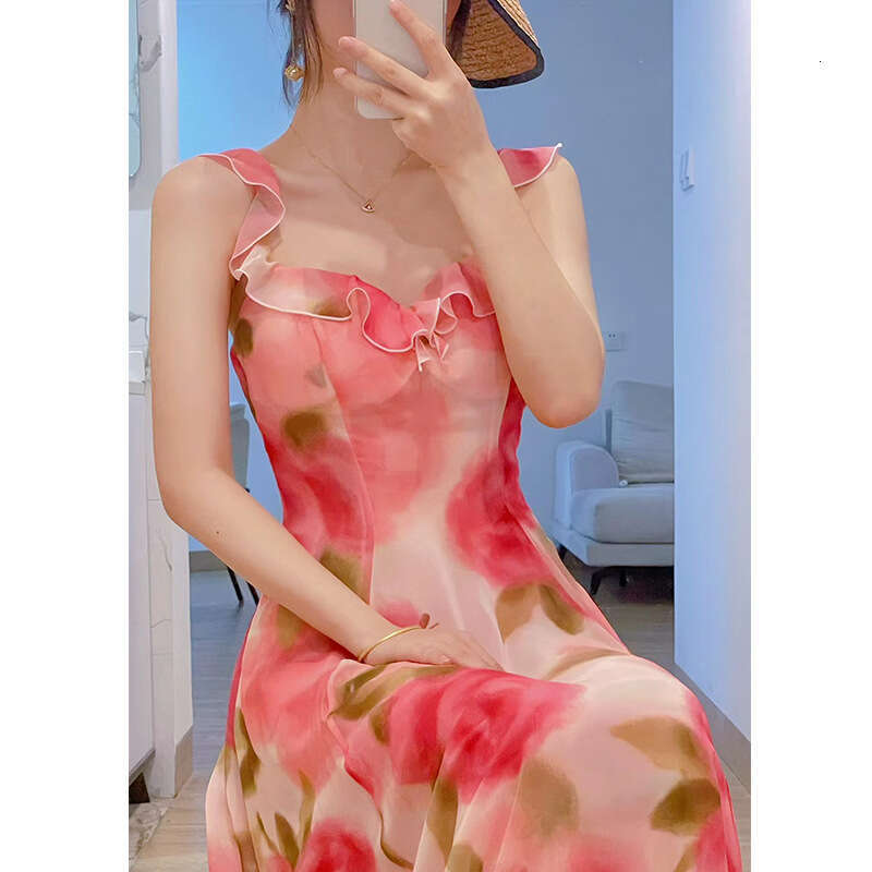 Clothes Women Designer Women Dresses 734 Summer New 2025 Sun Yi Same Style Romantic Rose Flower Square Neck Ruffle Vacation Long Dress