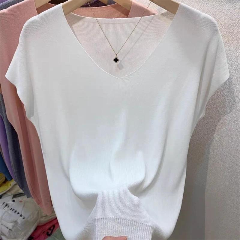Women Clothing Summer Fashion Simple Short Sleeve Ice Silk Thin Knitted T-shirt Casual Commute Solid V Neck Loose Pullover Tops 250614