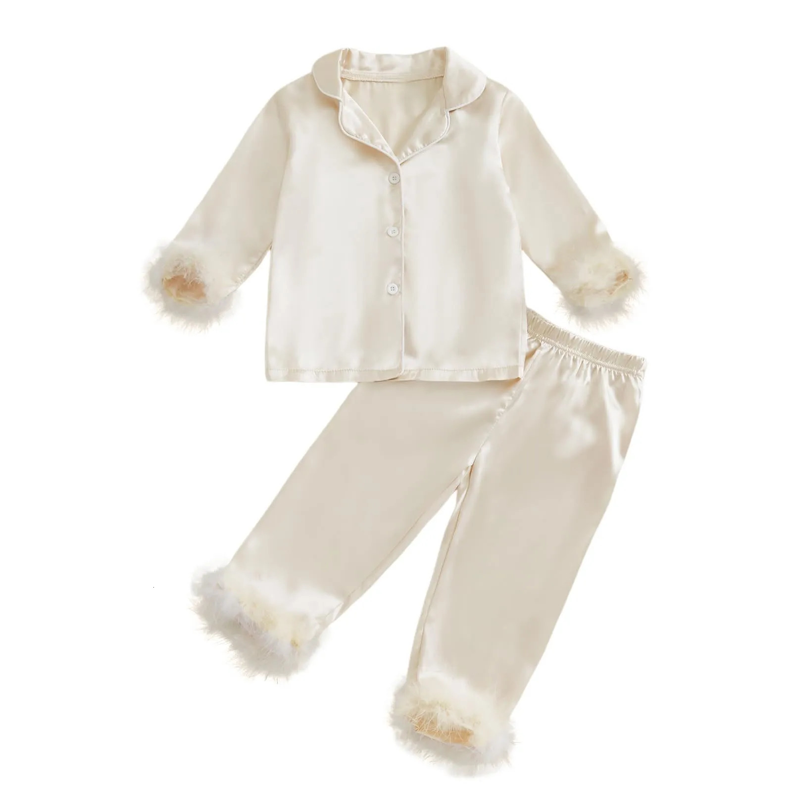 ChildrenS Autumn Home Clothes Girl Satin Feather Trim Button Up Pajamas Sleeper Silk Shirt Pant Toddler Long Pajamas Set Youth 250617