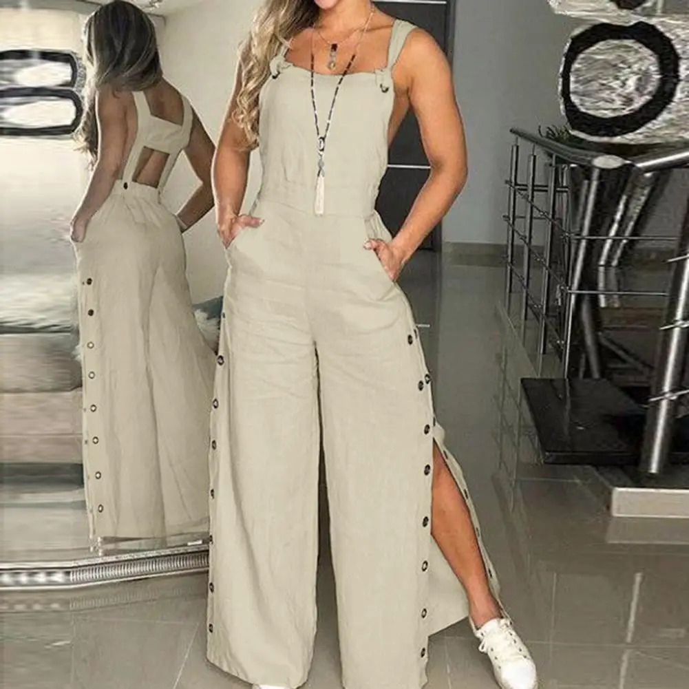 Womens Sleeveless Wide Leg Jumpsuit with Side Pockets And Button Closure Solid Color Loose Straight-Leg Romper for Women 250616
