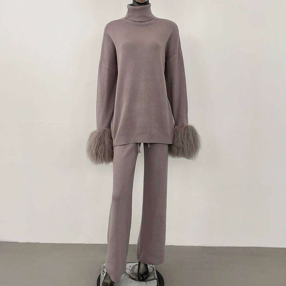 DEBAIFUR 2025 Spring Autumn Cardigan Real Mongolia Sheep Fur Sweater Women Knitted Long Pant Sets High Collar Knitwear Female