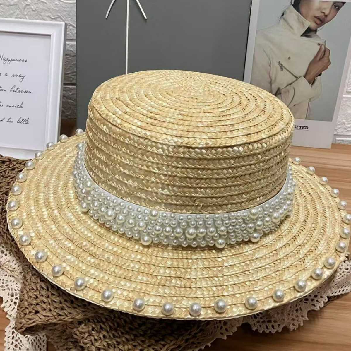Japanese Internet Celebrity Pearl Straw Hat for Women Summer Beach Sunshade Sun Protection Sun Hat Travel Vacation Flat Top Hat 250615