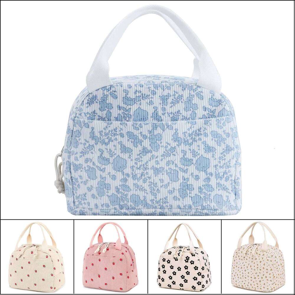 Women Men Cute Corduroy Lunch Tote Large Capacity Cooler Food Thermal Bag For Work Go To School Picnic