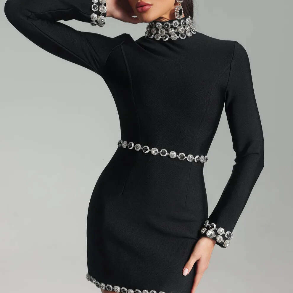 Autumn New Fashion Black Long Sleeve High Neck Tie Bandage Slim Fit Women's Short Dress