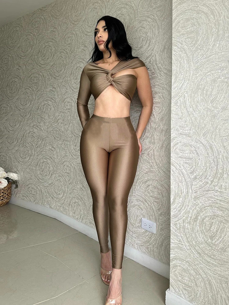kliou Silky Matching 2 Piece Women Classic Cross Single Sleeve Slash Neck Crop TopsHigh Waist Pants Female Attractive Sets 250616