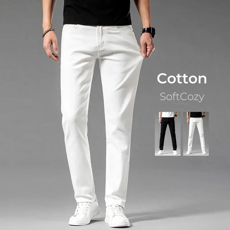 Summer 98% Cotton Mens Casual Jeans White Classic Fashionable Stretch Straight Denim Trousers Black Clothing Male 250614