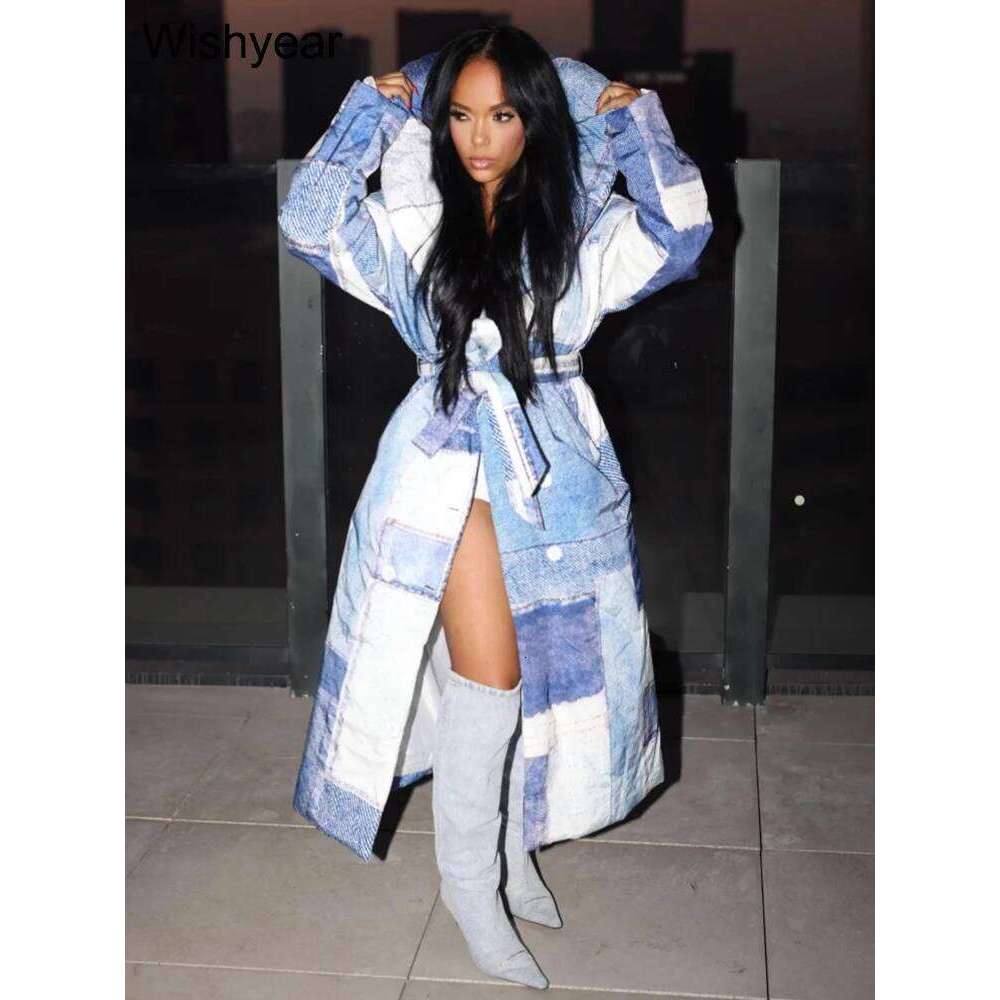 Elegant Cotton-Padded X-Long Coat Women Fashion Denim Patch Printed Large Lapel Lace-Up Jacket Streetwear Loose Thick Overcoat