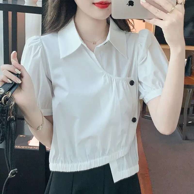 Clothes Kawaii Womens Shirt Blouse Cute Tops for Women Collar with Puffy Sleeves Button Up White Novelty 2025 Summer Novelties