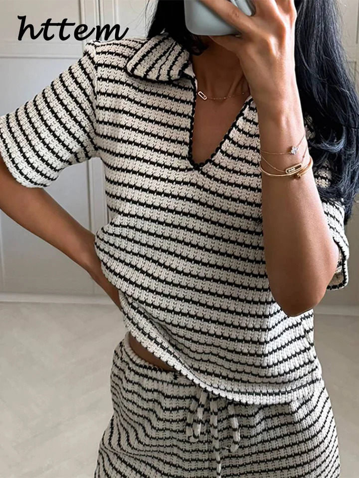 Casual Womens Knit Striped Pullover Pants Set Loose Polo Collar Short Sleeve T-shirt Drawstring Wide Leg Pant 2025 Lady Outfit 250616