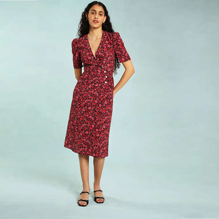 Bodycon Dresses for Women Robe De Designer 114 Summer New 2025 Printed V-neck Short Sleeve Tea Mid-length Waist-cinching French Style Womens Dress