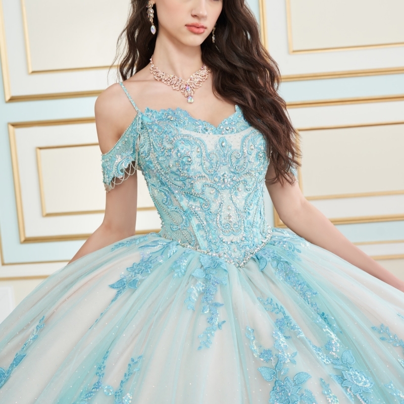 Blue Shiny Quinceanera Dresses Ball Gown Off The Shoulder Applique Lace Beading Tull Sweet 16 Dress Vestidos 15 De Anos