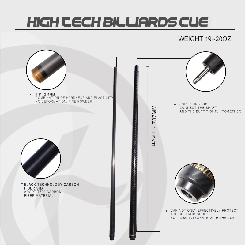 OKHEALING Matte Black Pool Cue Black Technology Carbon Fiber Billiard Cue Sticks 12.4mm Pigskin Tip Length 58inch Uni-loc Joint Game Billiard Cue, 19-