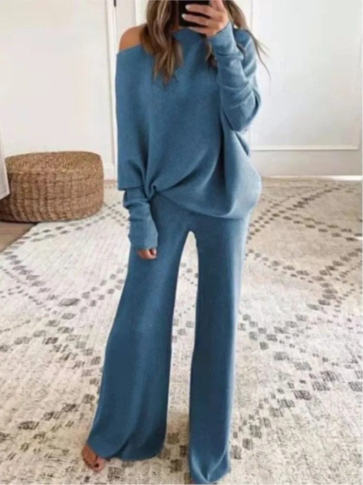 Fashion Long-sleeved Bateau Collar Top Wide-leg Pants 2-piece Set Women Elegant Autumn Solid Color Knitted Loose Suit Female 250616