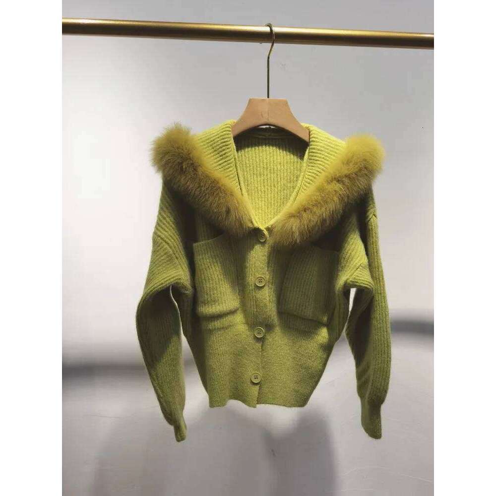 Autumn Winter New Women Knitted Jacket Elegant Ladies Real Fox Fur Collar Hooded Coat Single Breasted Slim Fit Knitwear Cardigan