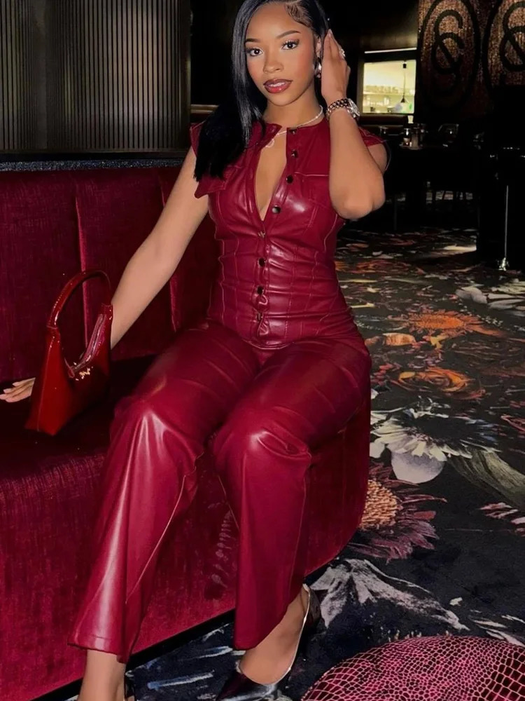Bonnie Forest High Street Red Faux-Leather Sleeveless Jumpsuits Women Rompers Womens Button Details PU Leather Fitted Jumpsuits 250616